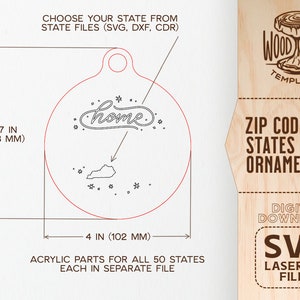 Op de afbeelding: Een digitale download van SVG-lasergesneden bestanden voor het maken van een ronde ornament van 118 mm (4,67 inch) met het woord "home" en een staatsschets. De ornament is ontworpen voor acryldelen en bevat alle 50 staten in aparte bestanden.