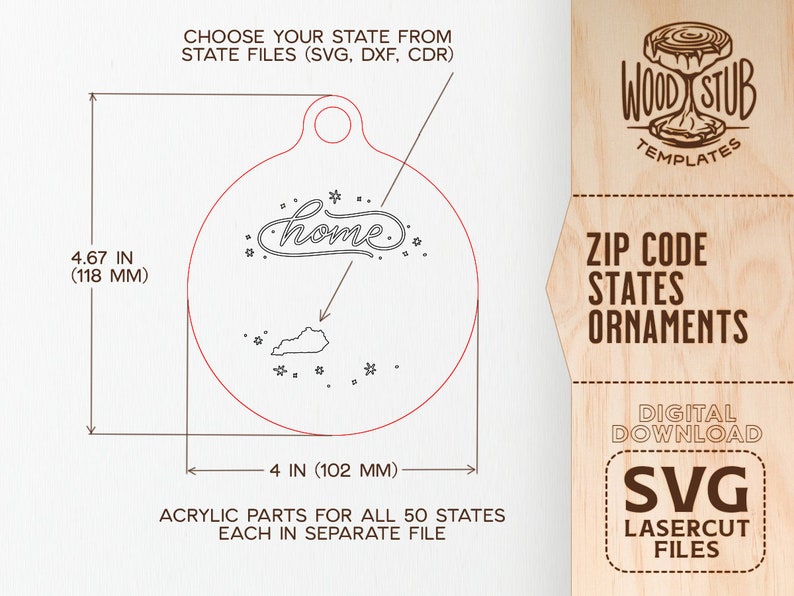 Op de afbeelding: Een digitale download van SVG-lasergesneden bestanden voor het maken van een ronde ornament van 118 mm (4,67 inch) met het woord "home" en een staatsschets. De ornament is ontworpen voor acryldelen en bevat alle 50 staten in aparte bestanden.