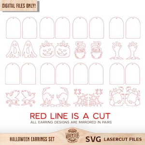 May include: A digital file set of Halloween earring templates featuring red outlines for laser cutting. Designs include ghosts, pumpkins, cauldrons, hands, ravens, cats, spiderwebs, and bats, with text stating DIGITAL FILES ONLY and RED LINE IS A CUT.
