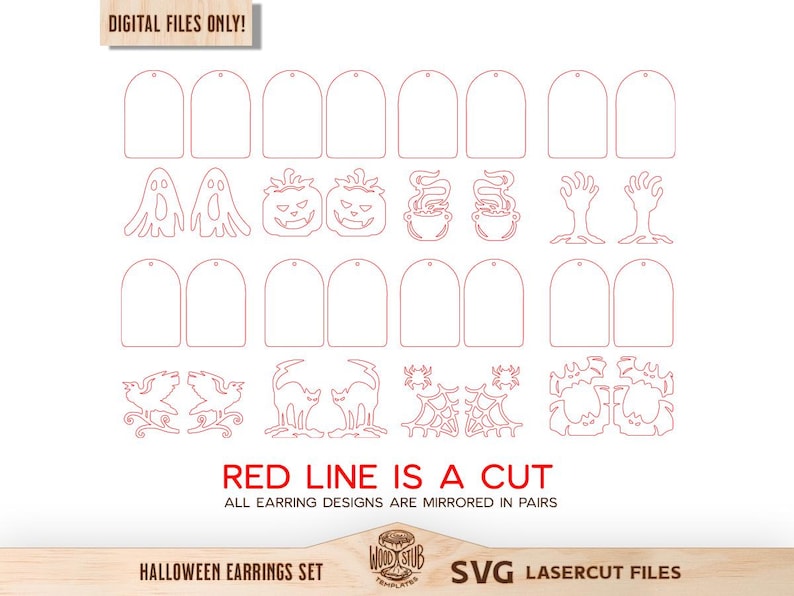 May include: A digital file set of Halloween earring templates featuring red outlines for laser cutting. Designs include ghosts, pumpkins, cauldrons, hands, ravens, cats, spiderwebs, and bats, with text stating DIGITAL FILES ONLY and RED LINE IS A CUT.