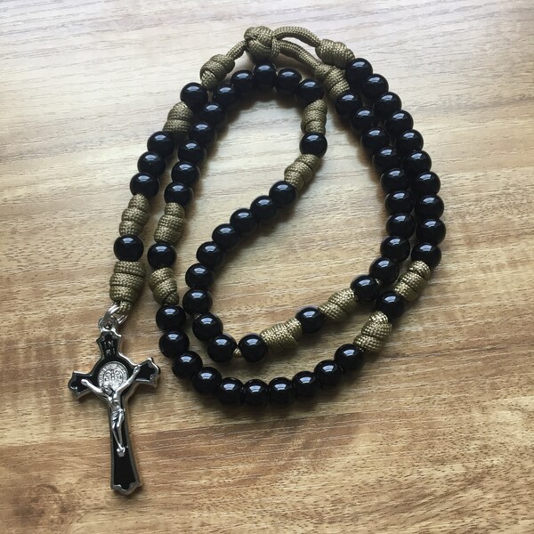 Paracord Rosary - Coyote Brown and Black - Acrylic Beads