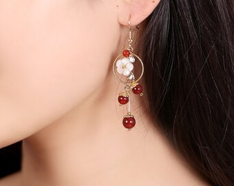 Red Agate Earrings Dangle Earrings Handmade Vintage Earrings Flowers Drop Earrings