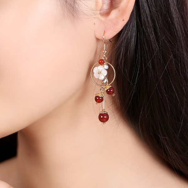 Red Agate Earrings Dangle Earrings Handmade Vintage Earrings Flowers Drop Earrings