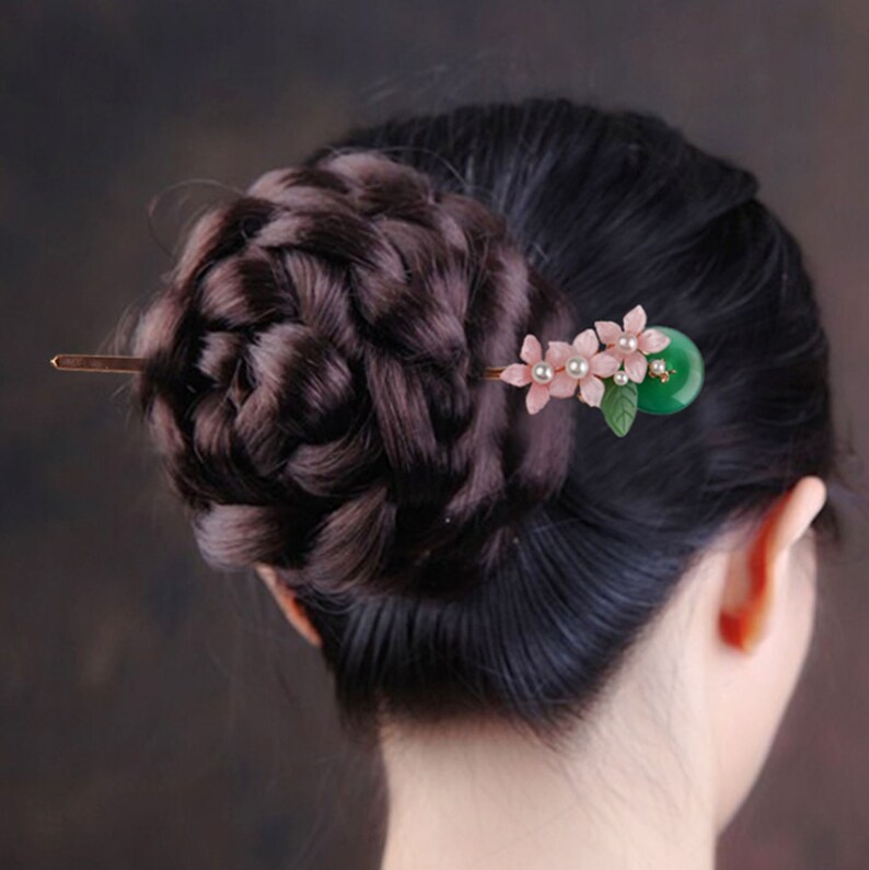 Vintage Style Hair Stick Handmade Hair Pin Ethnic Jewelry Chinese Style Pink Flower Hair Stick Green Agate Hair Stick