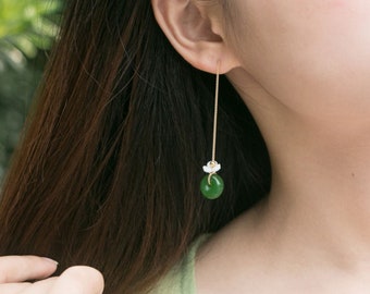 Green Jade Earrings Long Dangle Earrings Handmade Vintage Earrings Round Drop Earrings Ethnic Chinese Style