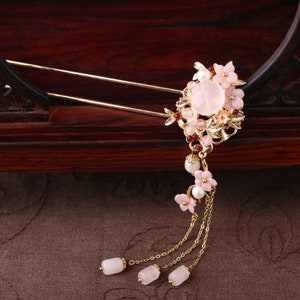 Red Jade Hair Stick Handmade Floral U Shape Hair Pin Ethnic Jewelry Chinese Hair Stick