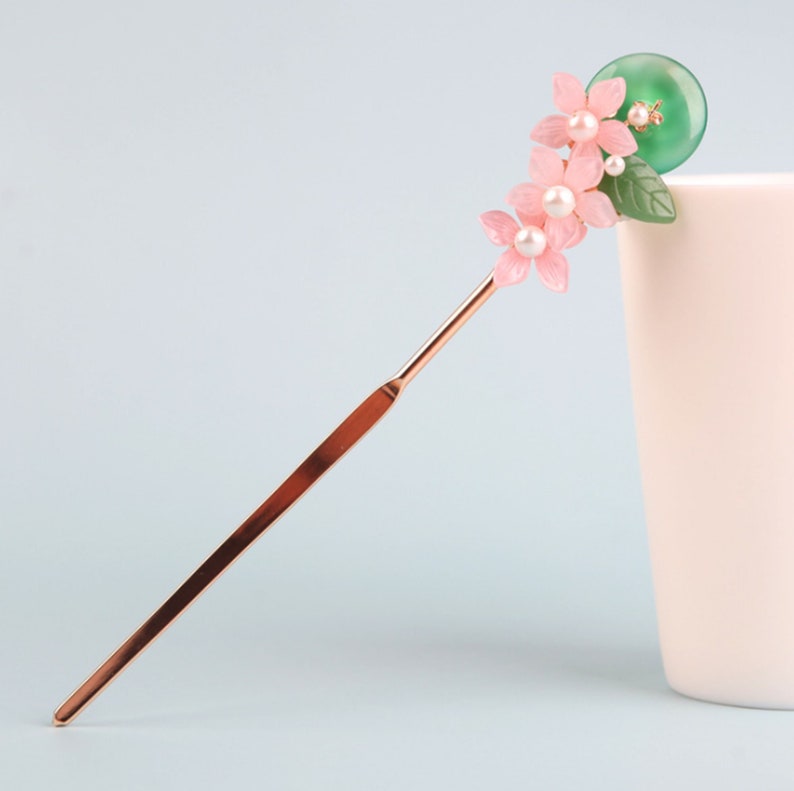 Vintage Style Hair Stick Handmade Hair Pin Ethnic Jewelry Chinese Style Pink Flower Hair Stick Green Agate Hair Stick