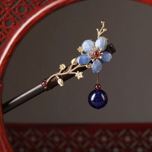 Vintage Wood Hair Stick Blue Flower Hair Pins w/ Tassel Hair Stick