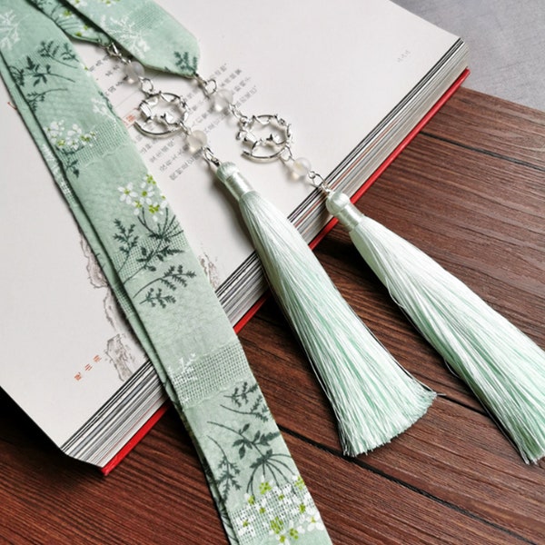 Green / Pink Floral Long Ribbon Hair Tie with Tassel Waist Jewelry Chinese Style