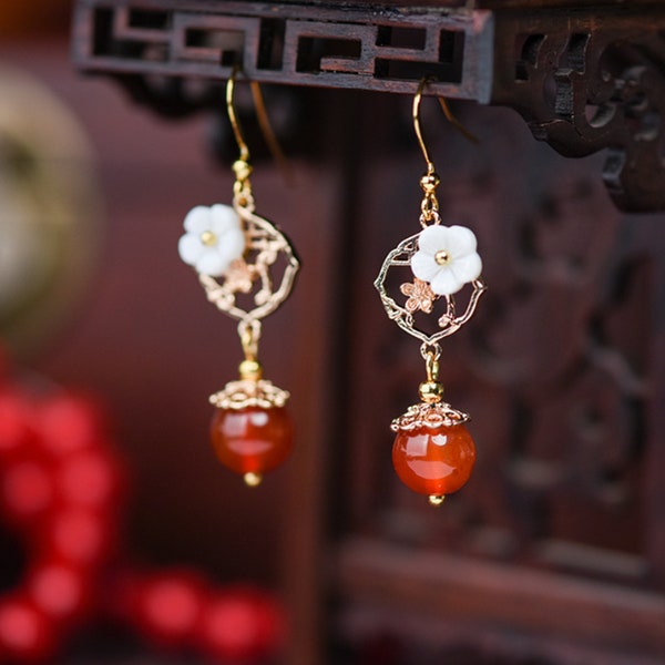 Red Agate Earrings Dangle Earrings Handmade Vintage Earrings Flower Drop Earrings Ethnic Chinese Style