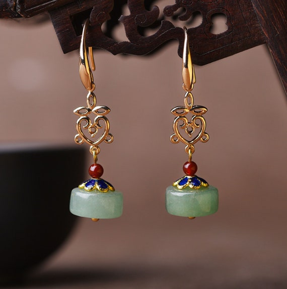 Green Jade Earrings Long Dangle Earrings Handmade Vintage - Etsy