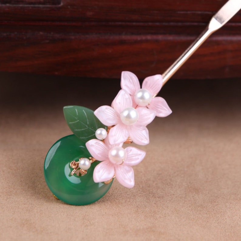 Vintage Style Hair Stick Handmade Hair Pin Ethnic Jewelry Chinese Style Pink Flower Hair Stick Green Agate Hair Stick