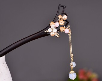 Vintage Wood Hair Stick White Flower Hair Pins w/ Tassel Hair Stick