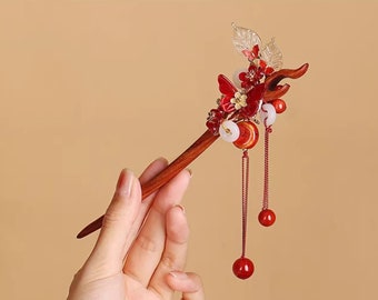 Vintage Red Jade Wood Hair Stick Butterfly Hair Pins Hair Stick