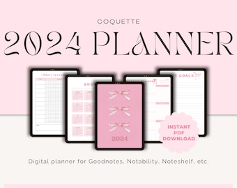 2024 Pink Coquette Bow Planer, 2024 Digitaler Planer, 2024 Planer, 2024 iPad Planer, 2024 Datierter Planer, Verlinkter Digitaler Planer