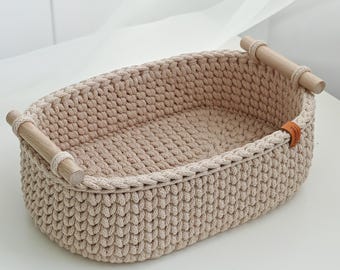Basket with wooden handles | Crochet basket oval | Bookshelf decor | Bread basket | Kitchen storage