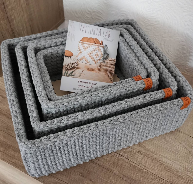 Rectangular crochet basket with wooden base Crocheted utensil Storage basket Decorative basket Crochet basket Home Decor Utensil basket image 4