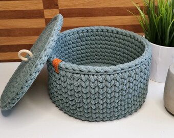 Panier rond | Panier rond au crochet avec couvercle | Ustensile | Panier de rangement | Panier au crochet | Panier à ustensiles | Envelopper | Panier à jouets