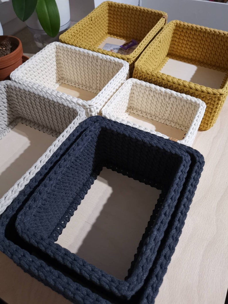 Rectangular crochet basket with wooden base Crocheted utensil Storage basket Decorative basket Crochet basket Home Decor Utensil basket image 6