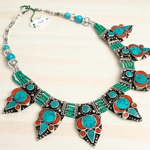 Handmade Tibetan Turquoise Coral Necklace: German Silver Ethnic Jewelry