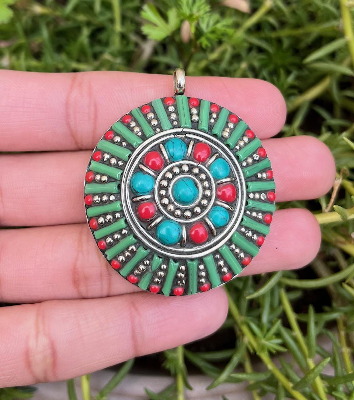 Pendentif En Argent 925 Avec Turquoise Et Corail Jaune - Style Tibétain Naturel