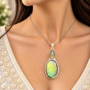 Natural Labradorite Double Stone Pendant, Green Flash Silver Plated Gemstone Jewelry