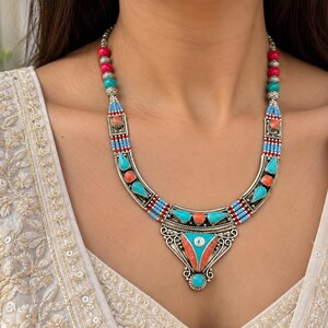 Turquoise Coral Statement Necklace, Nepali Antique Jewelry, Vintage Artisan Bohemian Piece