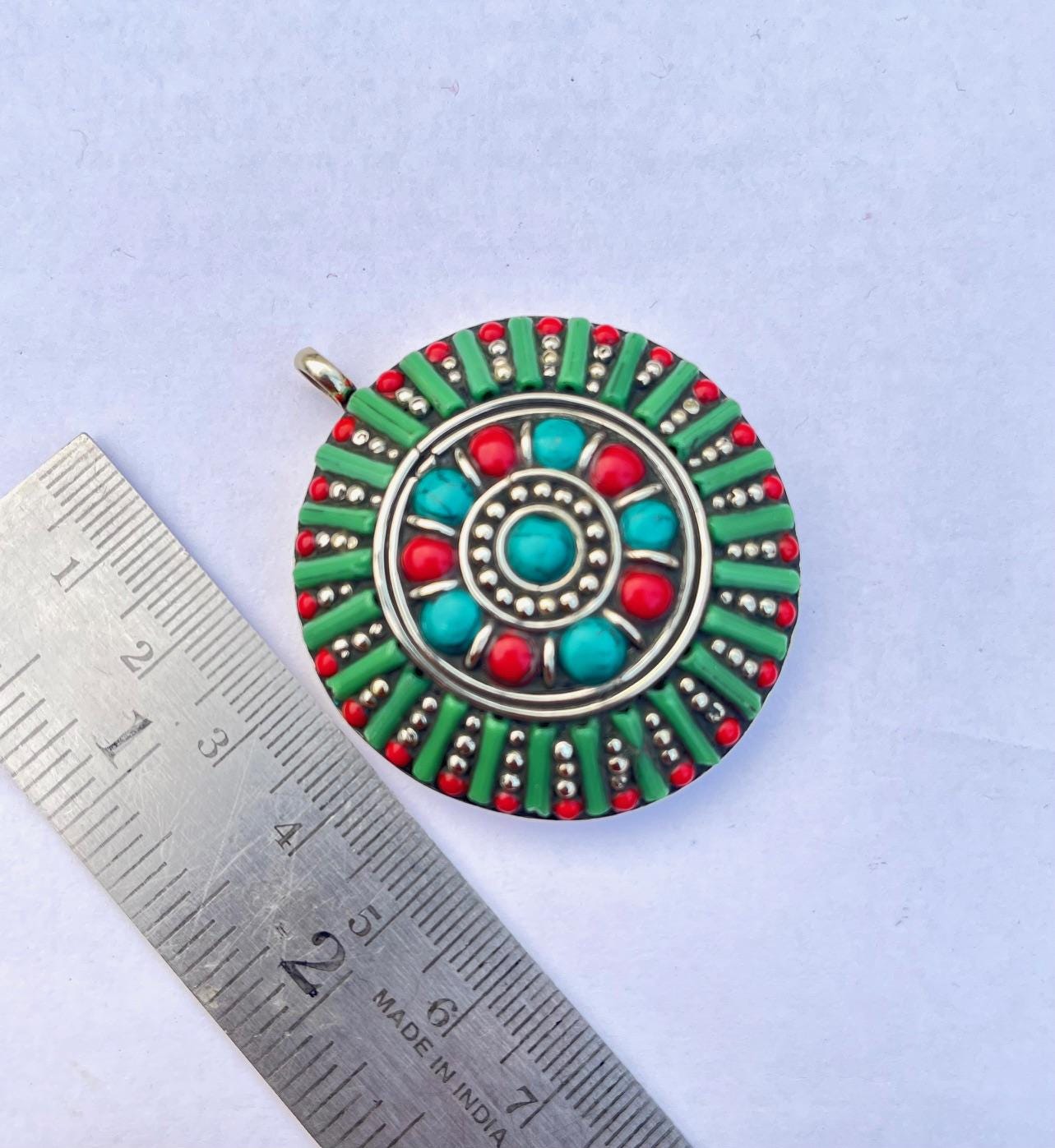 Pendentif Népalais Fait Main Corail Et Turquoise - Argenté - Longueur 2.8 Pouces - Neuf Sans Emballage - Cadeau