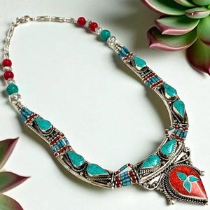 Natural German Silver Coral Turquoise Gemstone Necklace, Handmade Nepali Tibet Necklace, Pear Vintage Necklace, Christmas Gift, Gift For Her