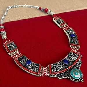 Natural German Silver Turquoise Coral Tube Gemstone Necklace, Handmade Tibetan Necklace, Inaly Work Necklace, Birthday Gift, Christmas Gift