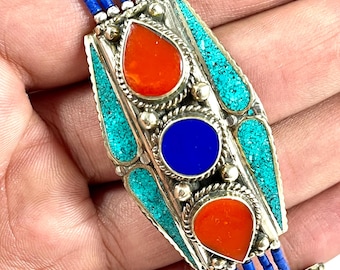 Bracelet Ancien Népalais – Corail Rouge, Turquoise, Argent Plaqué, Longueur 7 Pouces, Fait Main En Inde, Neuf