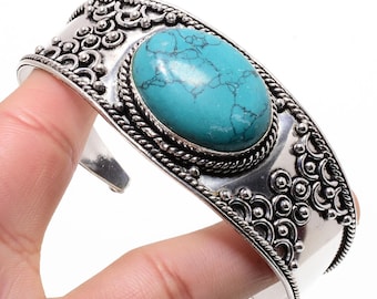 Handmade Turquoise Gemstone Cuff Bracelet: German Silver Boho Oxidized Bangle Jewelry
