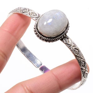 Unique Natural Silver Plated Rainbow Moonstone Gemstone Bangle, Handmade Ethnic Jewelry, Adjustable Bangle, Birthstone Bangle, Gift For Her