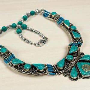 Natural German Silver Turquoise Gemstone Necklace, Handmade Tibetan Necklace, Ethnic Unique Necklace, Occasion Gift, Gift For Her