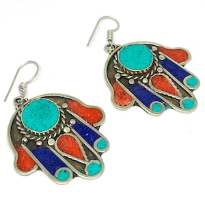 Handmade Tibetan Turquoise Lapis Lazuli Earrings, Silver Plated