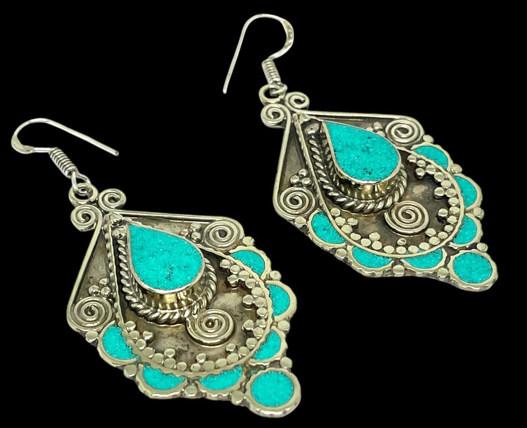 Tibetan Turquoise Dangle Earrings: German Silver Ethnic Jewelry - Etsy