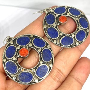 Tibetan Lapis Lazuli Coral Earrings, Silver Plated Handmade Earrings