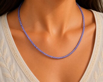 Natural Blue Tanzanite Rondelle Beads Necklace: Faceted Gemstone Jewelry, 18 Inch