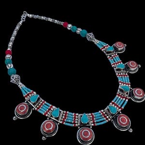 Natural Rare German Silver Coral Turquoise Gemstone Necklace, Handmade Tibetan Necklace, Very Unique Jewelry, Christmas Gift, Best For Gift