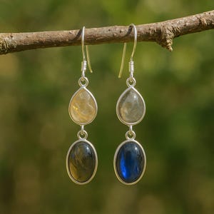 Handmade Sterling Silver Labradorite Rutile Dangle Earrings - Boho Jewelry