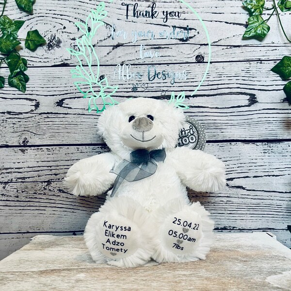 Personalized White Teddy Bear: New Baby Keepsake Gift