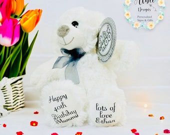 Personalised White Birthday Bear, Birthday Gift, Birthday Present, 1st, 18th, 21st, 30th, 40th, 50th, Celebration Bear, Birthday Keepsake