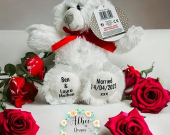 Personalised White Red Bow Valentines Teddy, Valentines Gift, Boyfriend, Girlfriend, First Valentines Gift, Mr&Mrs, Gifts for Couples