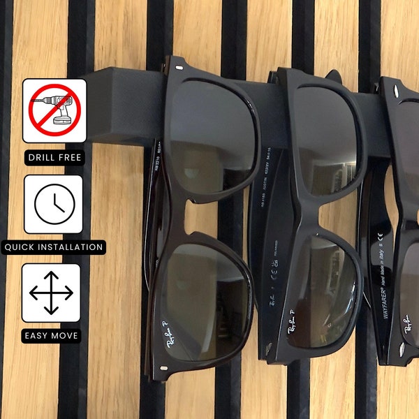 Soporte para gafas de sol sin taladro para panel acústico – Montaje en pared para 4 gafas – QuickFix – Negro mate
