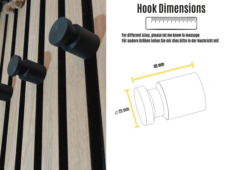 Black matte 3D-printed hook mounted on a wooden acoustic panel, supporting up to 4 kg for coats and backpacks