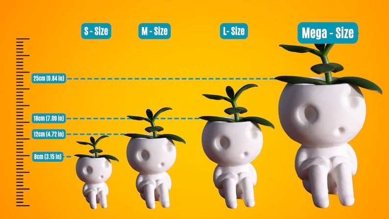 May include: Four white planter pots shaped like people, each with a small green plant growing out of the top. The pots are labeled with their size: S-Size, M-Size, L-Size, and Mega-Size. A ruler is shown on the left side of the image with measurements in centimeters and inches.