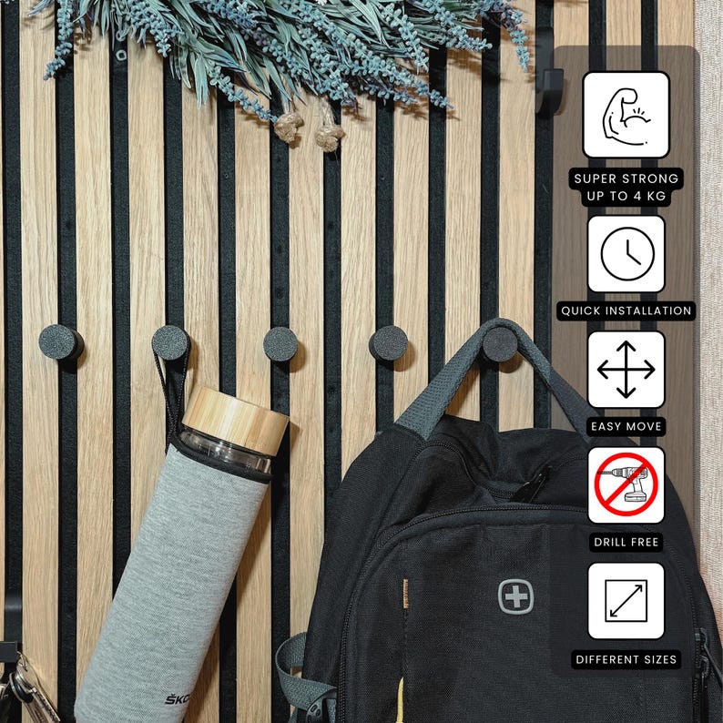 Knob coat hook for acoustic panels, black matte finish, no-drill and no-screw installation, perfect for organizing coats, bags, and accessories.