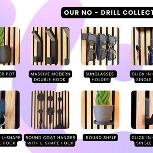 Puede incluir: Una colecci&oacute;n de organizadores de pared sin taladrar para una variedad de usos, que incluyen un soporte para macetas, un soporte para gafas de sol, una percha para abrigos y un estante. Los organizadores son todos negros y est&aacute;n montados en un panel de madera con rayas negras.