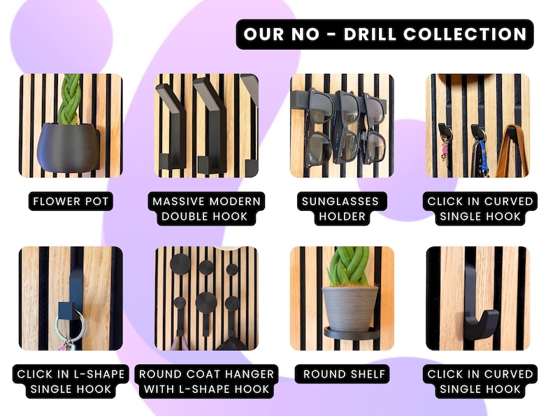 Puede incluir: Una colecci&oacute;n de organizadores de pared sin taladrar para una variedad de usos, que incluyen un soporte para macetas, un soporte para gafas de sol, una percha para abrigos y un estante. Los organizadores son todos negros y est&aacute;n montados en un panel de madera con rayas negras.
