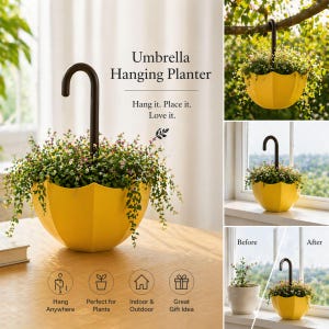 Puede incluir: Una jardinera colgante amarilla en forma de paraguas llena de vegetación y pequeñas flores. La jardinera tiene un asa marrón oscuro y se muestra en varios entornos. El texto de la imagen dice: "Umbrella Hanging Planter."